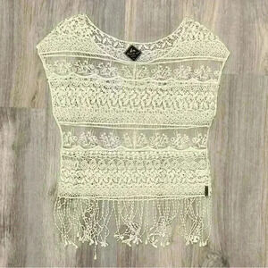 Blanc du Nil Sheer White Crochet Lace Sleeveless Top Swim Cover Up Fringe Size M